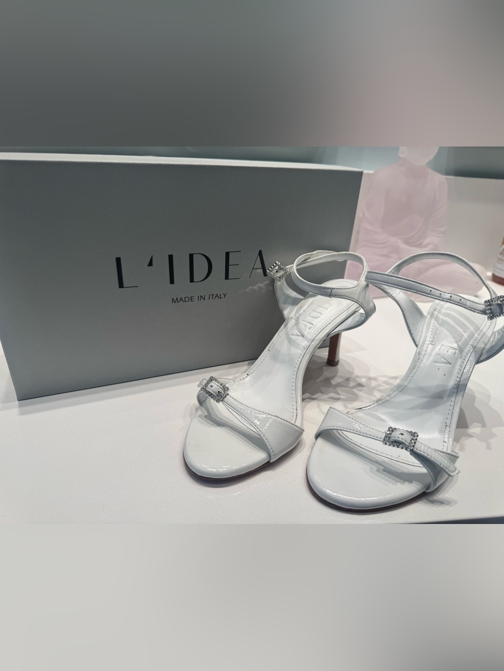White Patent Leather Rhinestone Ankle-Strap Heels Size 37.5